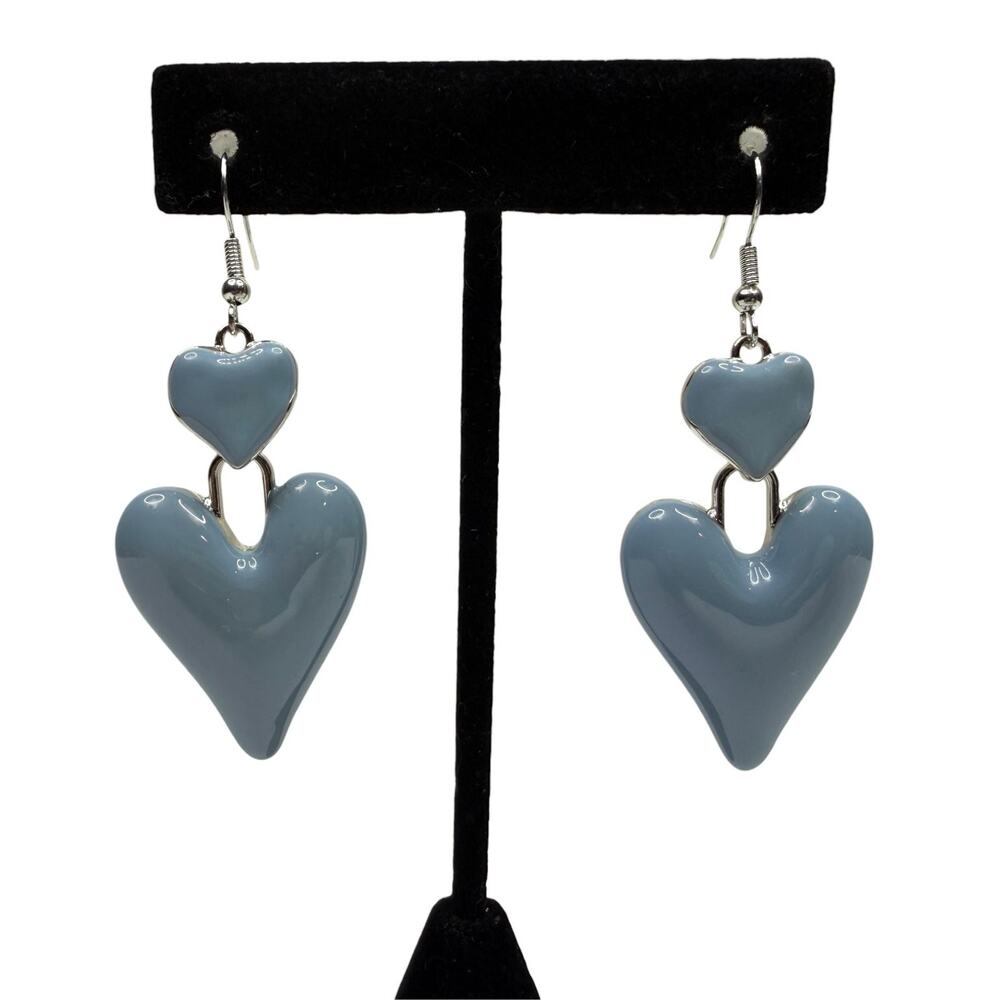 Chic Dusty Blue Enamel Heart Dangle Earrings Jewelry Silver Tone Hooks 2.5 in